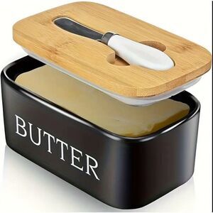 NWT Gorgeous Butter Square Graphic Black Ceramic Container w/ Bamboo lid & Knife